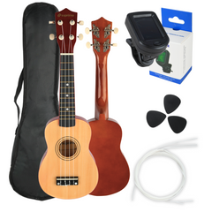 Ukulelenset mit Etui, Tuner und Zubehör, Naturholz